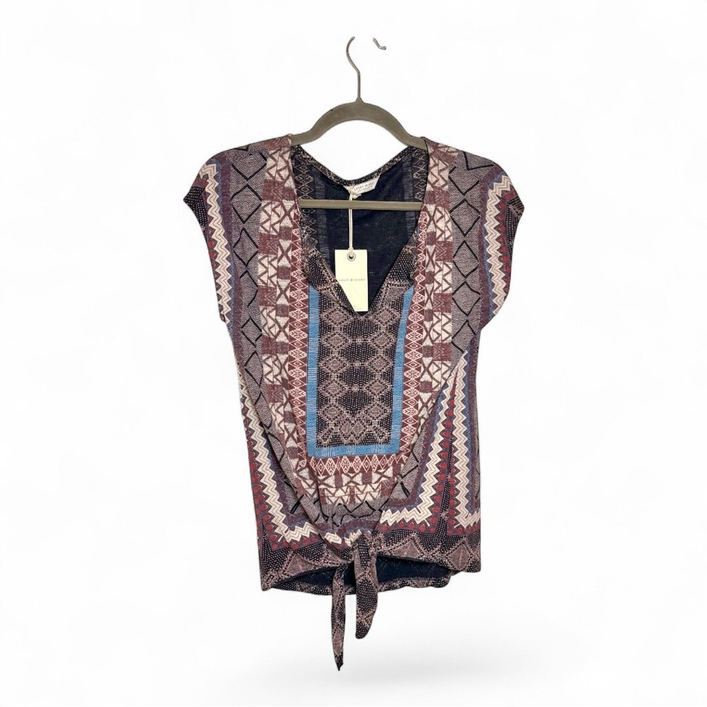 Lucky Brand Navy Blue Aztec Print Tie Front Top Boho Festival Size Small